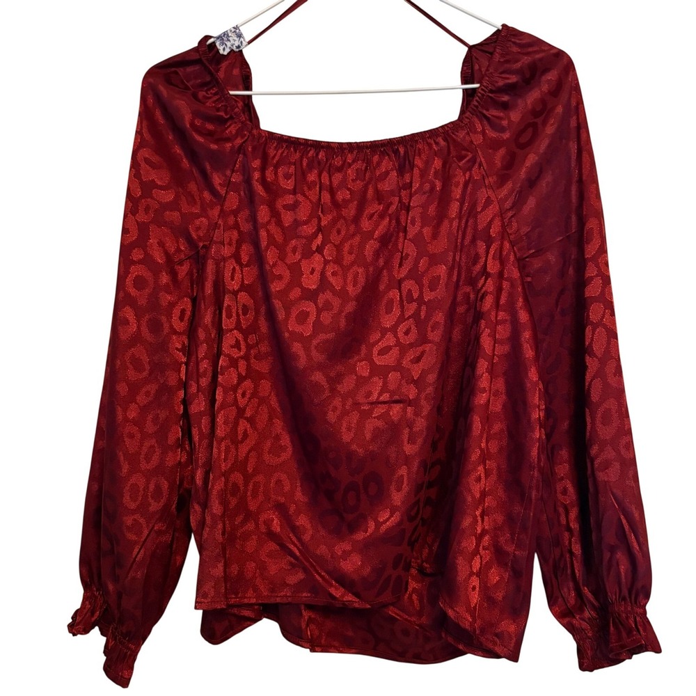NWT True Craft Leopard Burnout Blouse XL Square Neck Long Sleeve Maroon Top Work - Picture 7 of 7